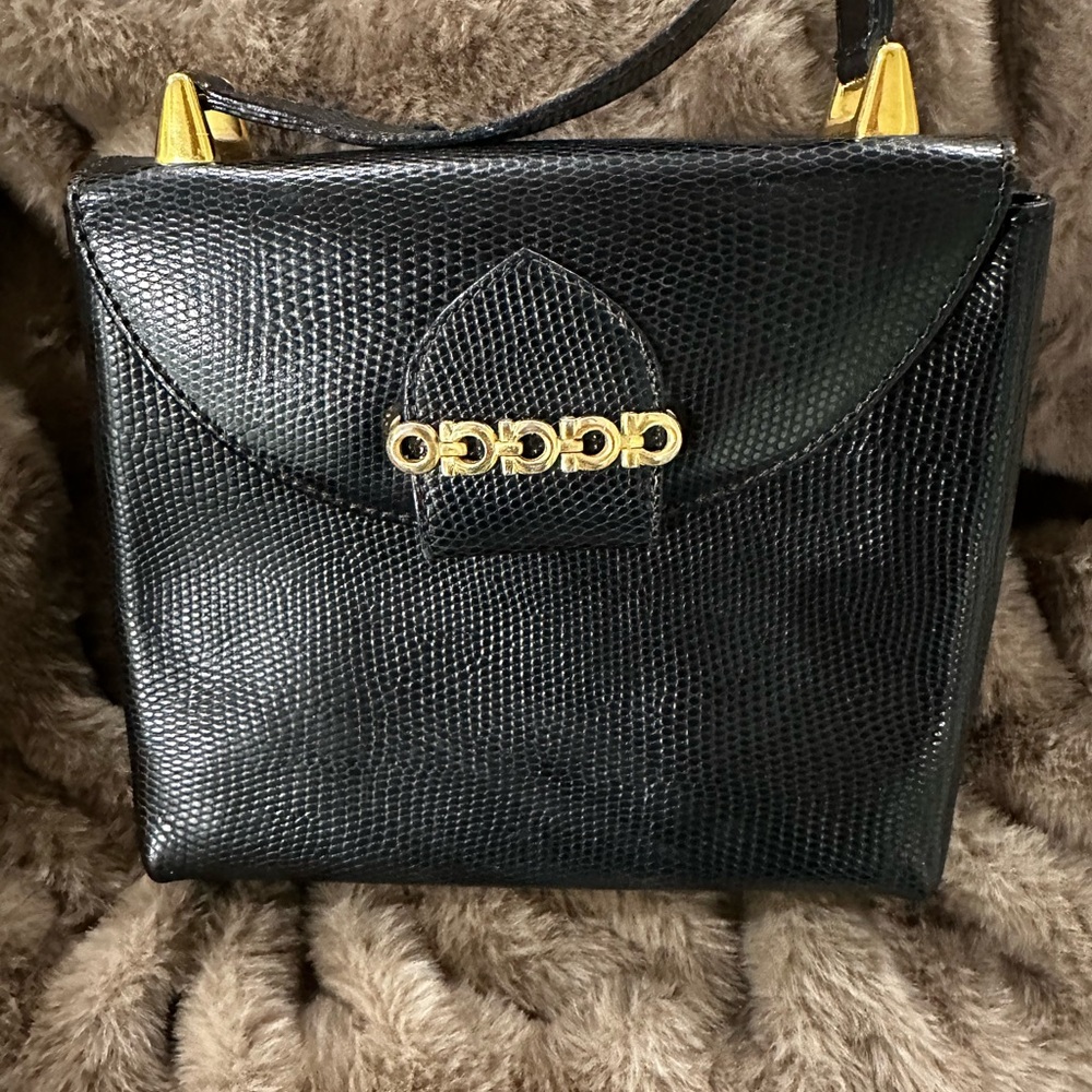 Salvatore Ferragamo BLACK Lizard
Embossed Leather Gancini Flap Crossbody Bag